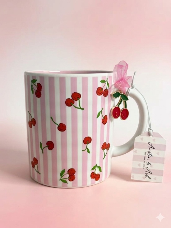 Other - Cherry Stripe Ceramic Mug - Pink & Red